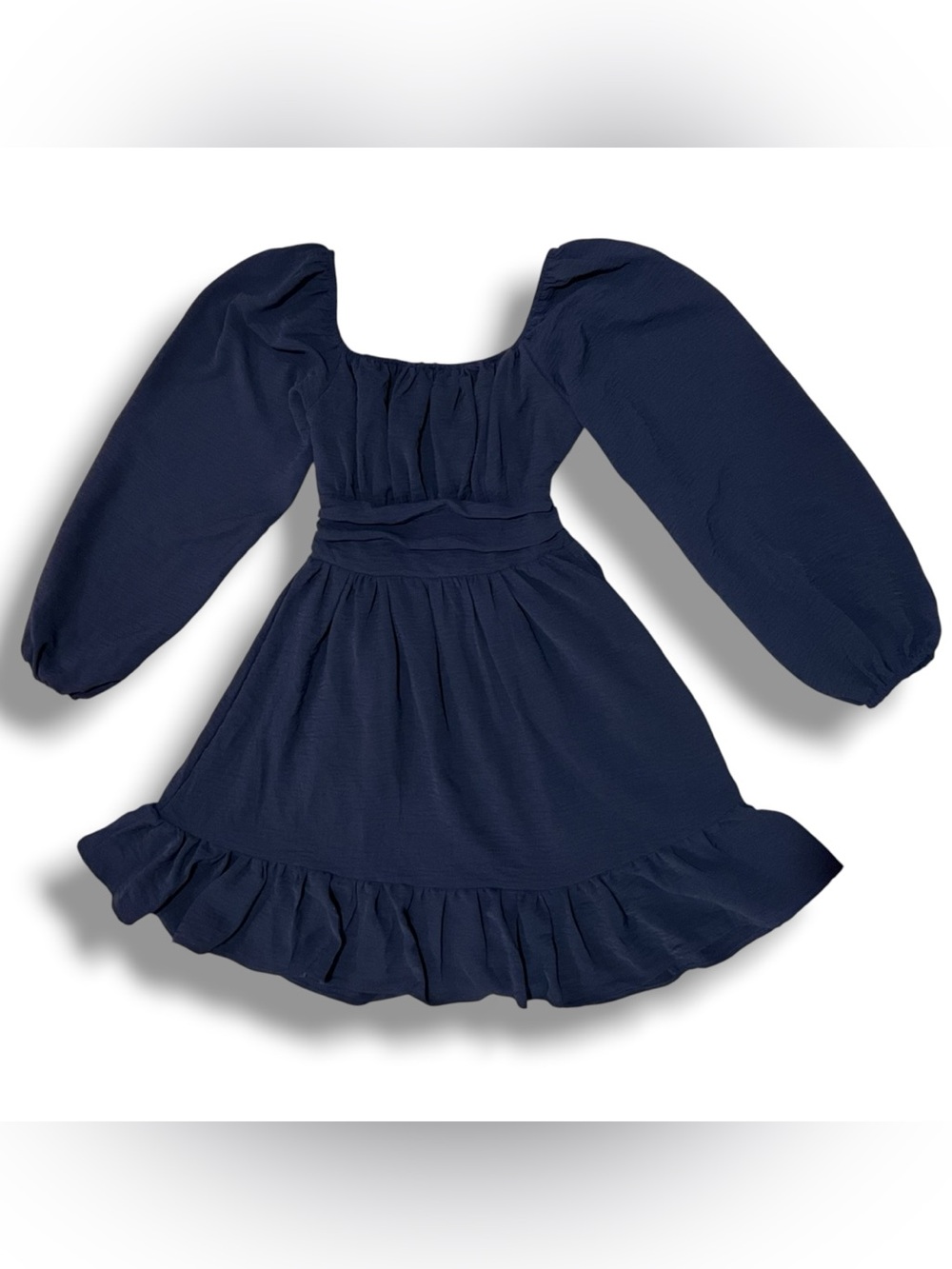 Womens XS Navy Blue Lantern Sleeve Tie Back Ruffled A-Line Mini Chiffon NWOT D-1
